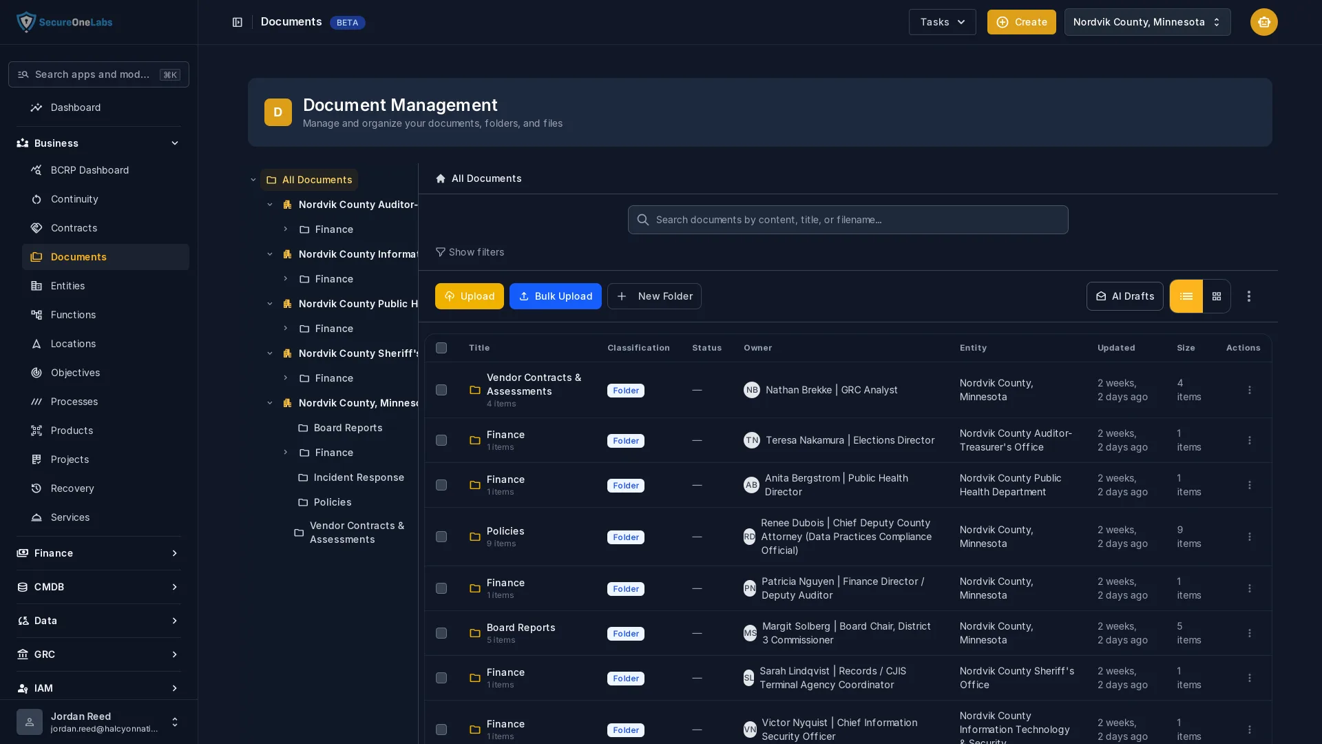 BOSSS document management library with folder tree, classification and per-entity ownership